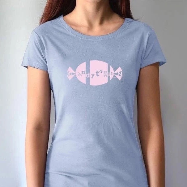 Light blue bamboo and organic cotton women's T-shirt with pink 'Candytarian' candy logo. Sustainable funny tee for candy lovers by Uni-T.