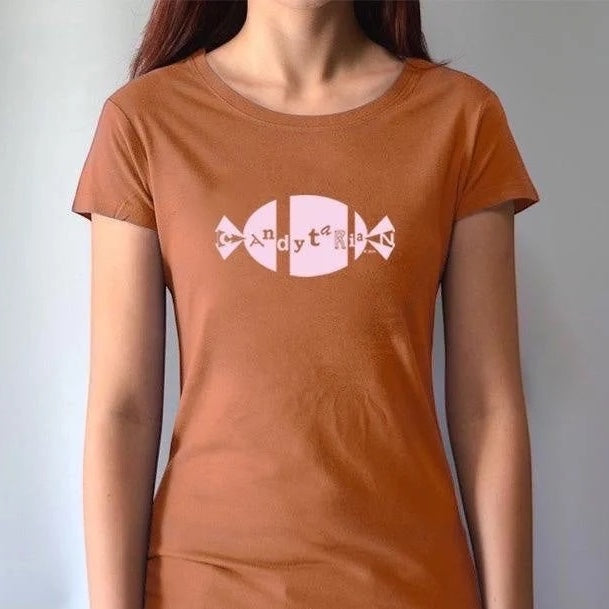 Burnt orange women's bamboo and organic cotton T-shirt with pink 'Candytarian' candy graphic. Sweet tooth humor gift tee by Uni-T.