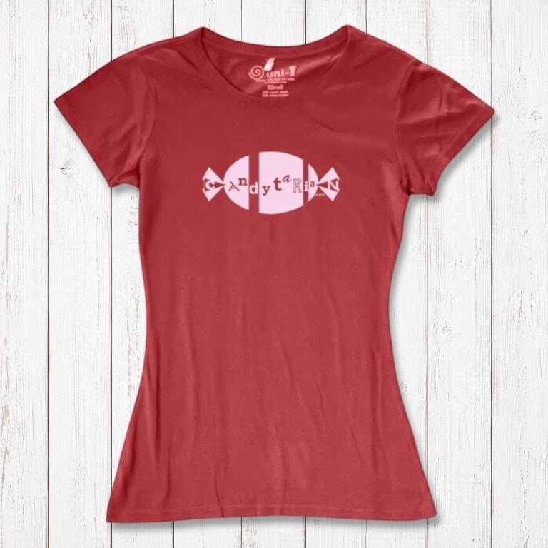 Red bamboo and organic cotton women's graphic T-shirt with pink 'Candytarian' candy logo. Sustainable dessert-themed tee by Uni-T.