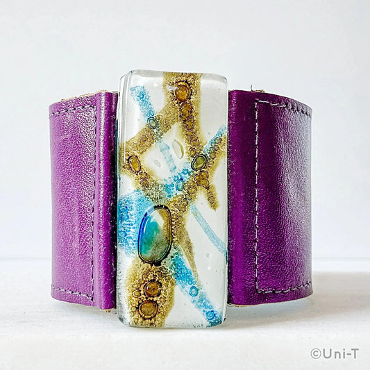 Fused Recycled Glass 2" Reclaimed Leather Cuff - Uni-T