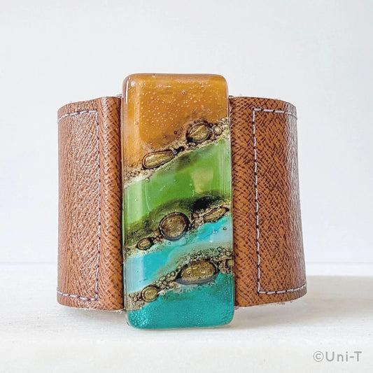 Fused Recycled Glass 2" Reclaimed Leather Cuff - Uni-T