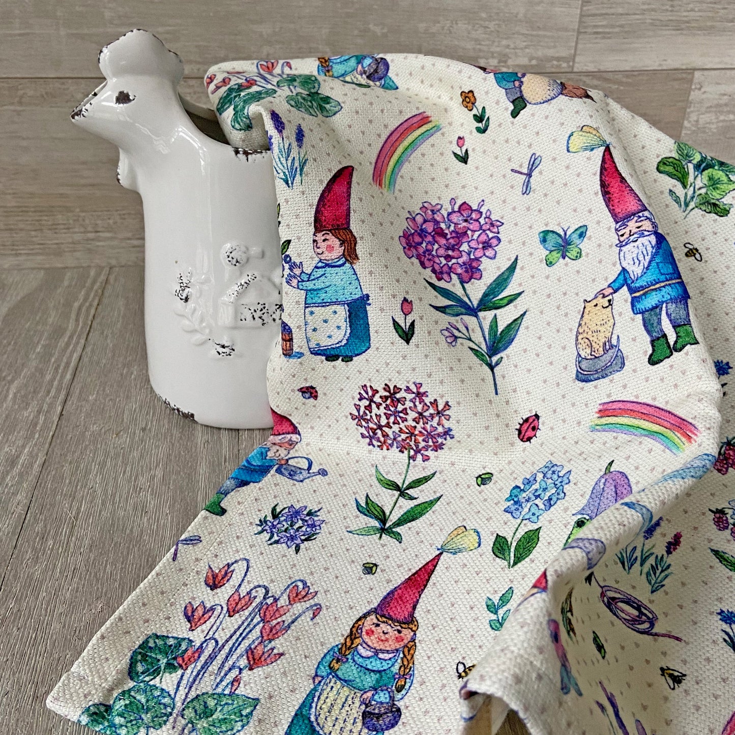Garden Gnomes Tea Towel - cotton-linen kitchen towel