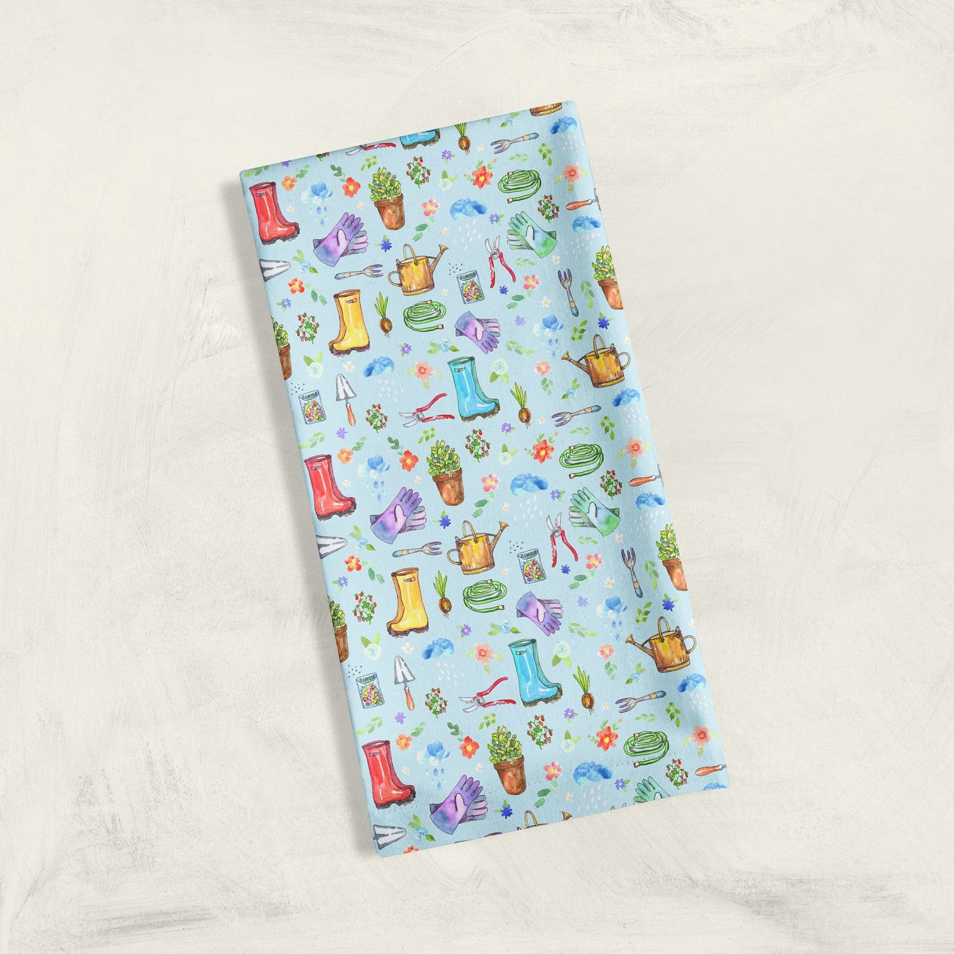 Garden Soul Tea Towel with gardening tools and plants