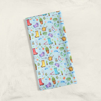 Garden Soul Tea Towel with gardening tools and plants