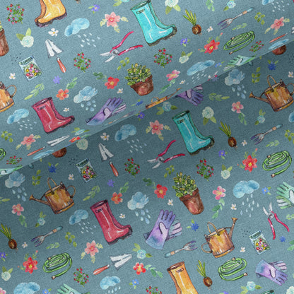 Garden Soul Tea Towel with gardening tools and plants