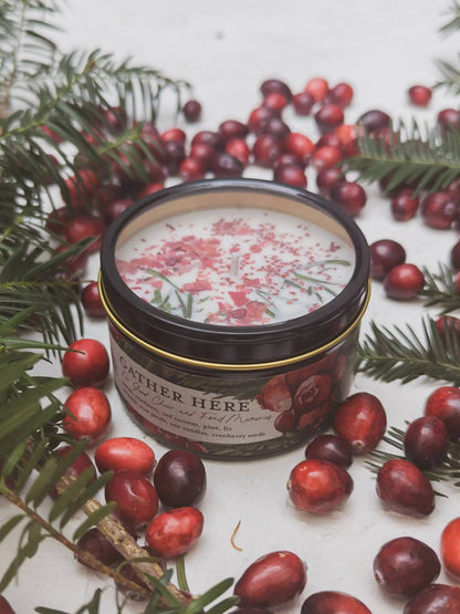 Gather Here Cranberry Pine Soy Tin Candle Rose Petal Yew Ash & Rose