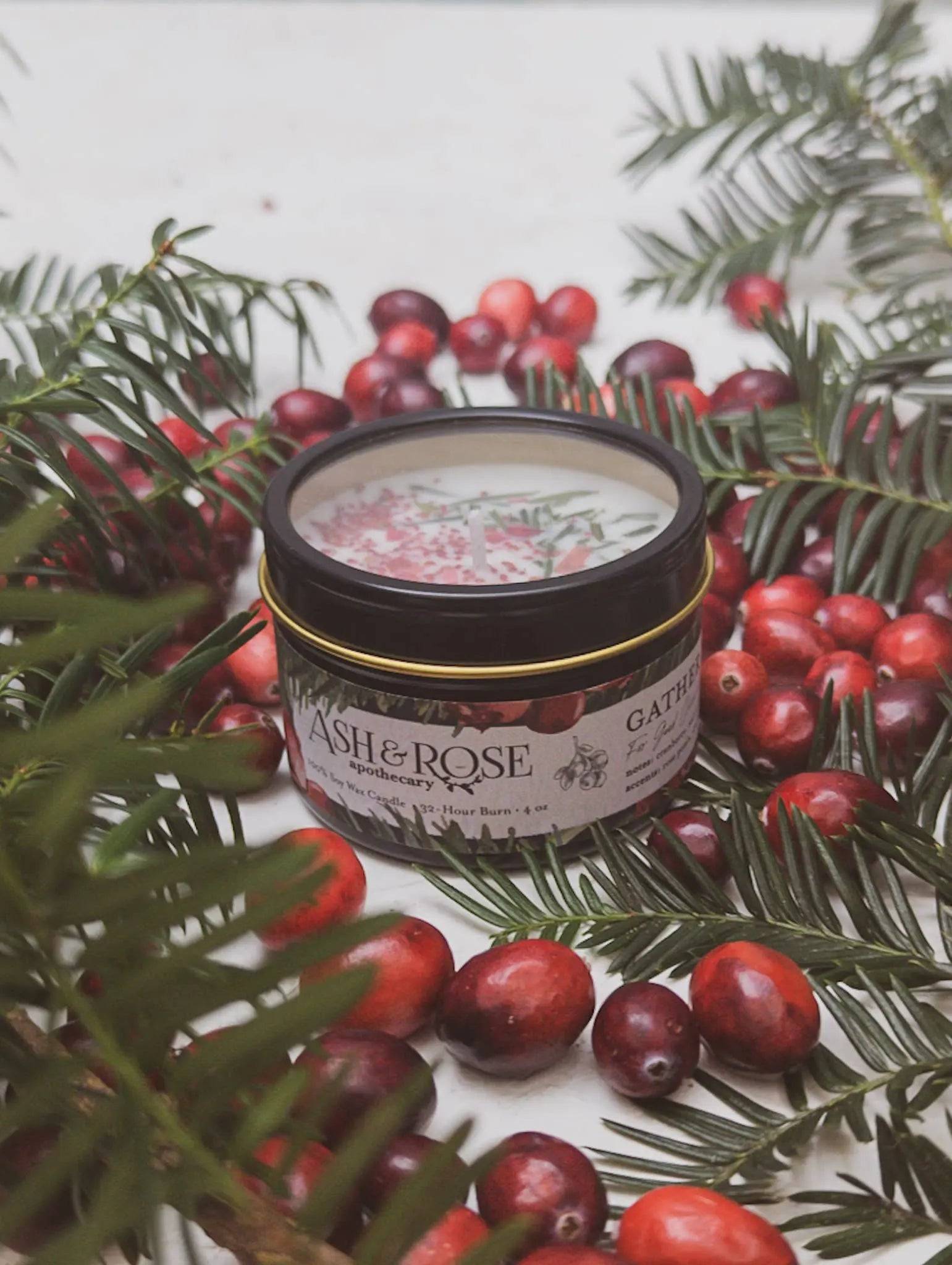 Gather Here Cranberry Pine Soy Tin Candle Rose Petal Yew Ash & Rose