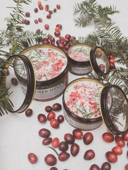Gather Here Cranberry Pine Soy Tin Candle Rose Petal Yew Ash & Rose