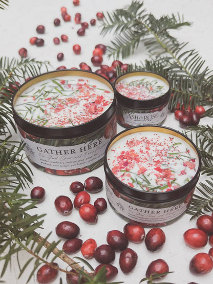 Gather Here Cranberry Pine Soy Tin Candle Rose Petal Yew Ash & Rose