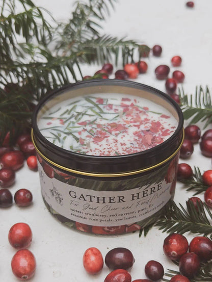 Gather Here Cranberry Pine Soy Tin Candle Rose Petal Yew Ash & Rose