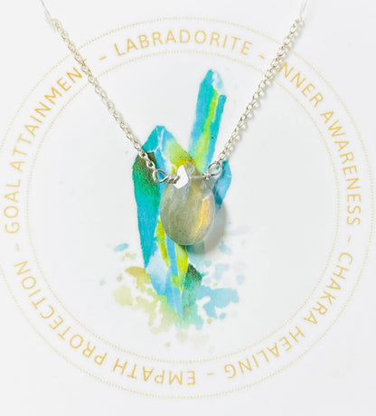Labradorite gemstone necklace with sterling silver chain, symbolizing goal attainment and inner awareness, from handmade gemstone collection.