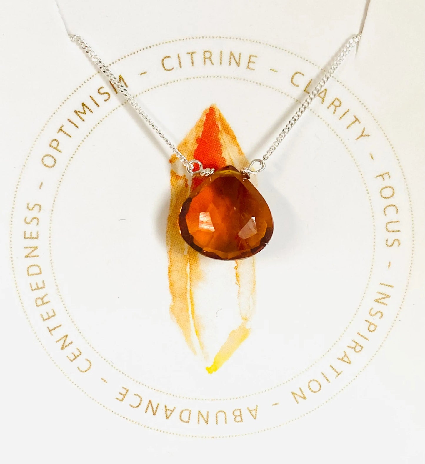 Citrine crystal necklace with sterling silver chain, handmade for clarity, focus, and centeredness.