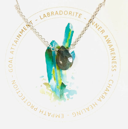 Labradorite teardrop pendant necklace on silver chain, handmade for chakra healing and goal attainment.