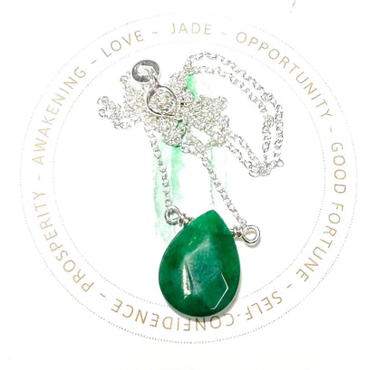 Jade teardrop gemstone necklace on silver chain, handmade for love, opportunity, and prosperity.