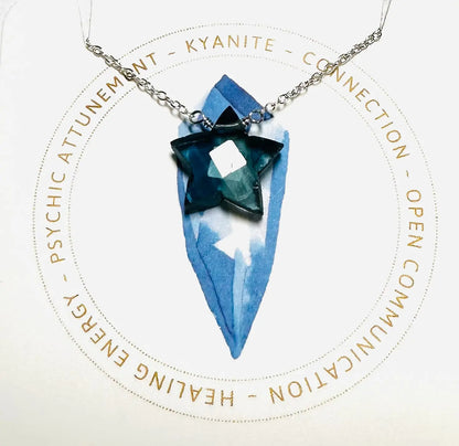 Kyanite star-shaped gemstone necklace on silver chain, promoting psychic attunement and open communication.