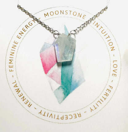 Moonstone crystal pendant necklace on silver chain, handmade for love, intuition, and feminine energy.