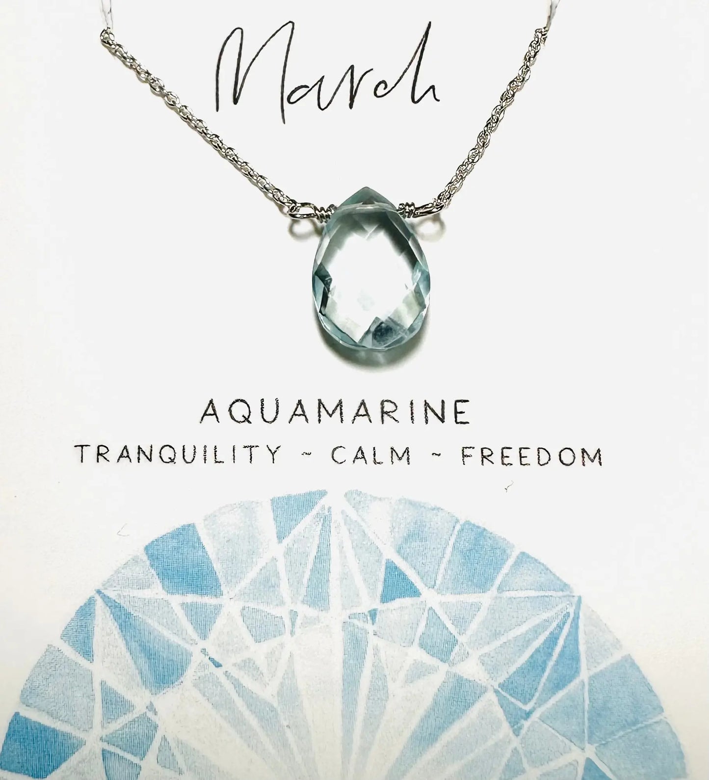March birthstone necklace with aquamarine teardrop pendant on silver chain, symbolizing tranquility and freedom.