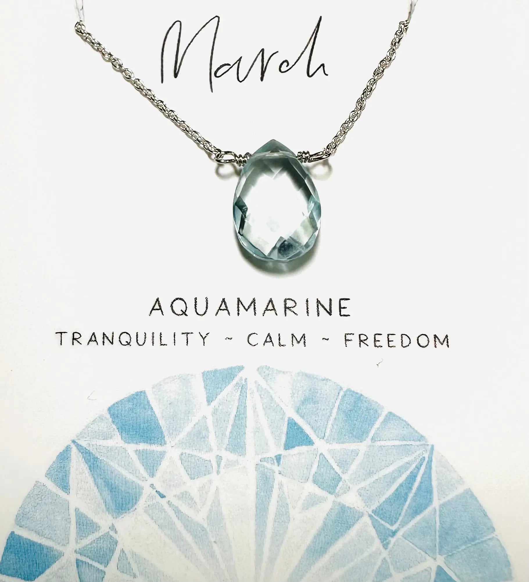 March birthstone necklace with aquamarine teardrop pendant on silver chain, symbolizing tranquility and freedom.