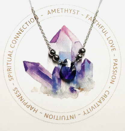 Amethyst gemstone necklace with silver chain and accent beads, handmade for spiritual connection and creativity.