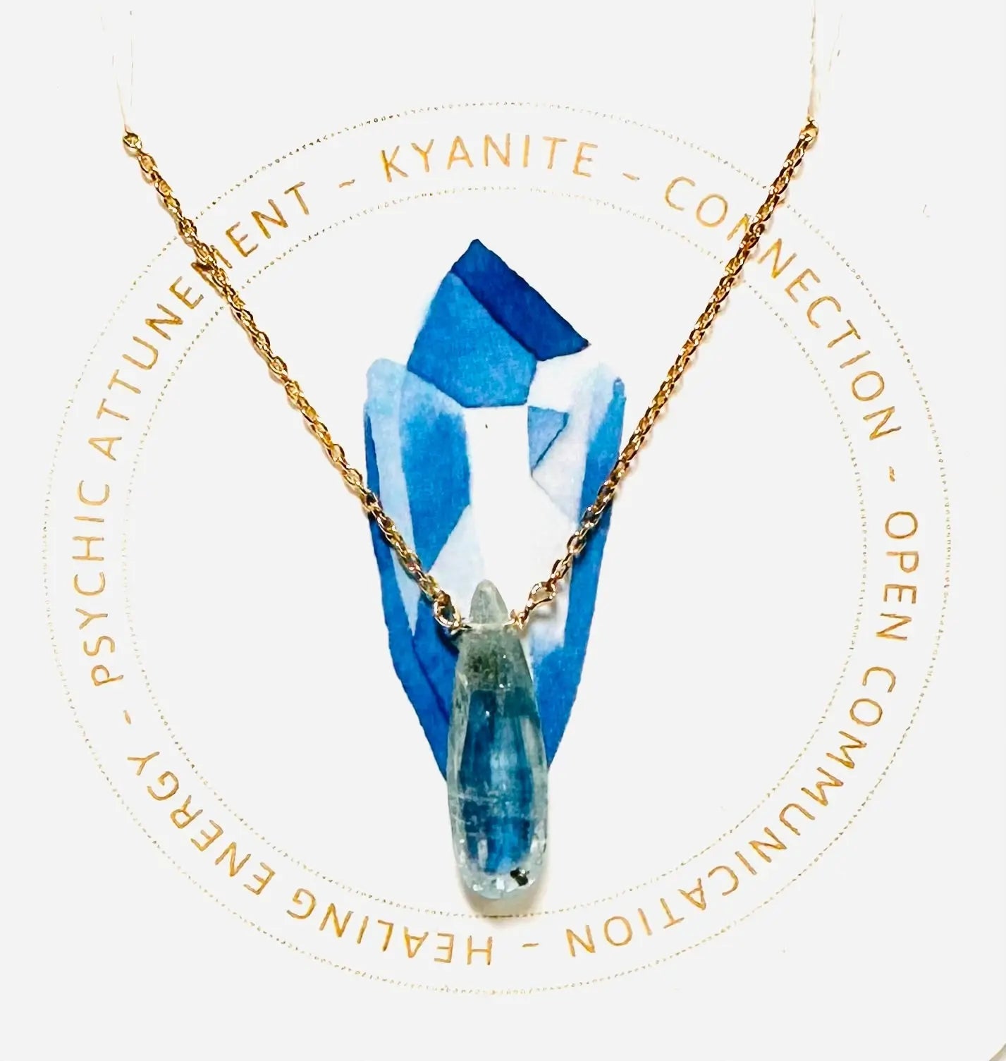 Kyanite crystal pendant necklace on gold chain, handmade for healing energy and open communication.