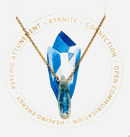 Kyanite crystal pendant necklace on gold chain, handmade for healing energy and open communication.