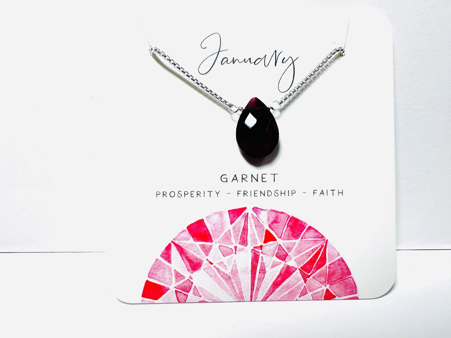 January birthstone necklace with garnet teardrop pendant on silver chain, symbolizing prosperity and friendship.