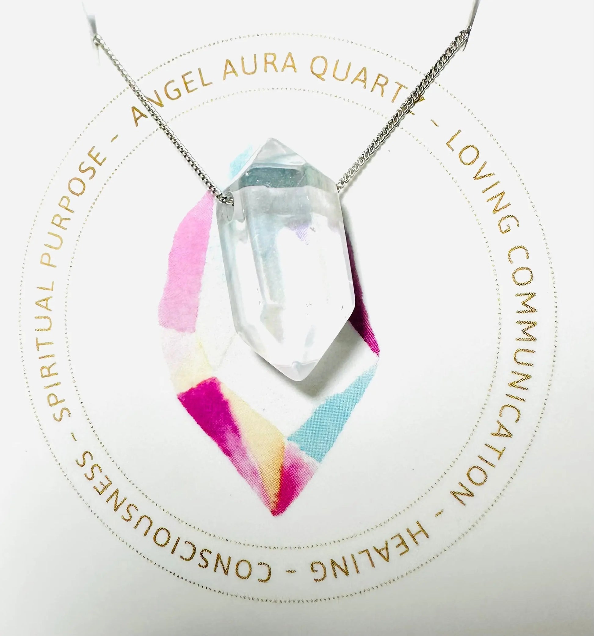 Angel aura quartz pendant necklace on silver chain, handmade for spiritual purpose and loving communication.