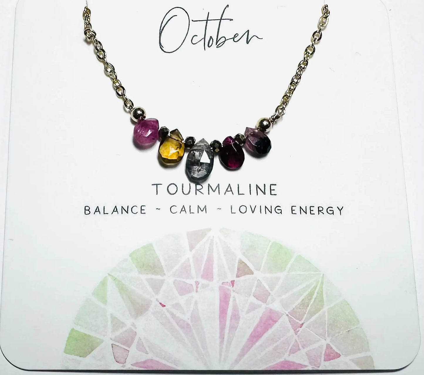 October birthstone necklace with multicolor tourmaline beads on gold chain, handmade for balance and calm.