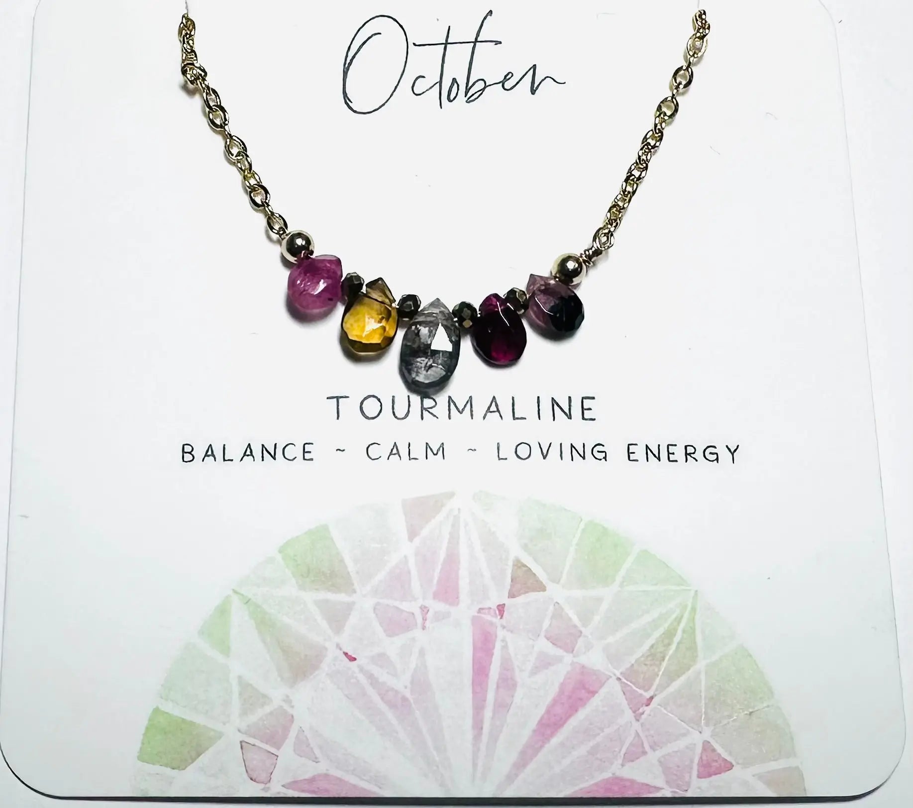 October birthstone necklace with multicolor tourmaline beads on gold chain, handmade for balance and calm.