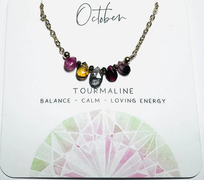 October birthstone necklace with multicolor tourmaline beads on gold chain, handmade for balance and calm.