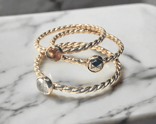 Gemstone Ring, Gold Bezel Ring, 4mm Bezel Ring, Twist Band Ring, Stacking Gemstone Rings 1/20 14K Gold Filled* Janine Gerade