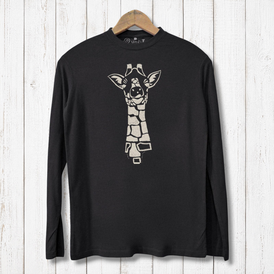 Black Giraffe Long Sleeve T-shirt for men made from bamboo and organic cotton. Features eco-friendly ink giraffe graphic for wildlife lovers.