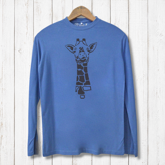 Blue bamboo and organic cotton men's long sleeve T-shirt with bold giraffe graphic. Sustainable and breathable eco graphic tee for outdoor wear.