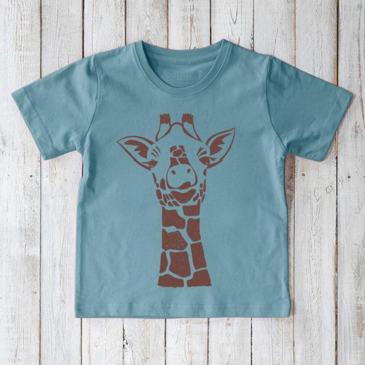 Kids' Giraffe Organic Cotton T-Shirt in blue with brown giraffe graphic by Uni-T. Eco-friendly animal lover tee for children, soft and sustainable.