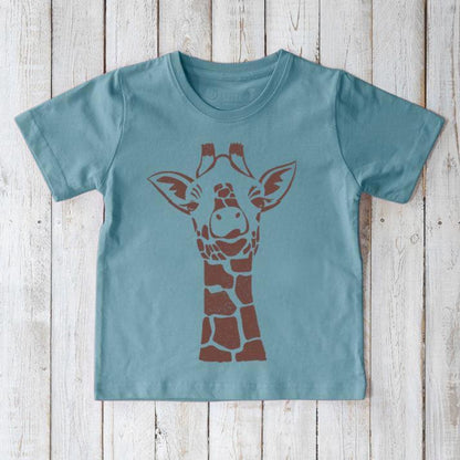 Kids' Giraffe Organic Cotton T-Shirt in blue with brown giraffe graphic by Uni-T. Eco-friendly animal lover tee for children, soft and sustainable.