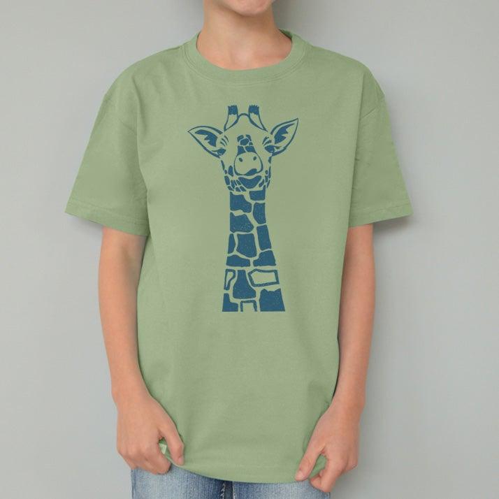 Child wearing green Kids' Giraffe Organic Cotton T-Shirt with blue giraffe print. Comfortable and sustainable animal lover tee by Uni-T.