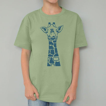 Child wearing green Kids' Giraffe Organic Cotton T-Shirt with blue giraffe print. Comfortable and sustainable animal lover tee by Uni-T.