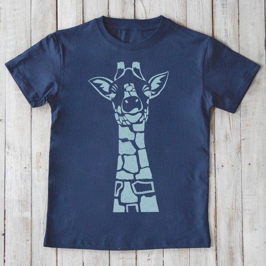 Navy Kids' Giraffe Organic Cotton T-Shirt with light blue giraffe graphic. Sustainable and stylish animal-themed tee by Uni-T for kids.