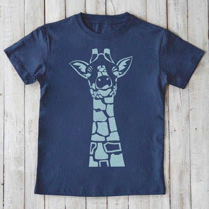 Navy Kids' Giraffe Organic Cotton T-Shirt with light blue giraffe graphic. Sustainable and stylish animal-themed tee by Uni-T for kids.