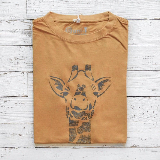 Men's Giraffe T-Shirt in bamboo & organic cotton, folded in mustard yellow with safari wildlife graphic and 'Stand Tall' theme.