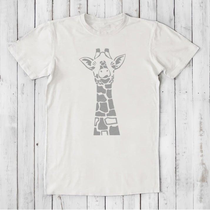 White men's giraffe T-shirt in bamboo & organic cotton with minimalist safari wildlife graphic, classic fit gift for him.