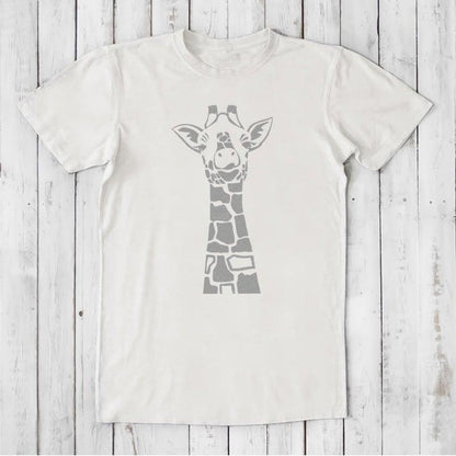 White men's giraffe T-shirt in bamboo & organic cotton with minimalist safari wildlife graphic, classic fit gift for him.