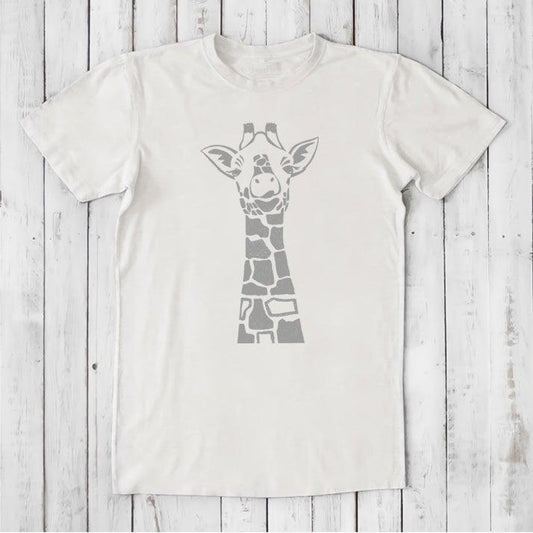 White men's giraffe T-shirt in bamboo & organic cotton with minimalist safari wildlife graphic, classic fit gift for him.