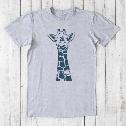Heather gray men's giraffe T-shirt made from bamboo & organic cotton, featuring bold safari wildlife graphic and classic fit.