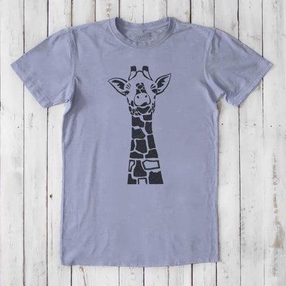 Lavender men's giraffe T-shirt in bamboo & organic cotton with black safari wildlife graphic, eco-friendly and stylish.
