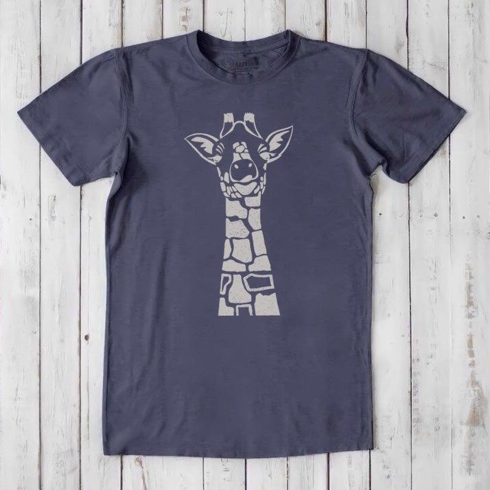 Navy blue men's giraffe T-shirt in bamboo & organic cotton with beige safari wildlife print, ideal gift for nature lovers.