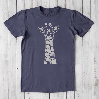 Navy blue men's giraffe T-shirt in bamboo & organic cotton with beige safari wildlife print, ideal gift for nature lovers.
