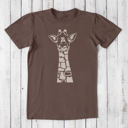 Brown men's giraffe T-shirt in bamboo & organic cotton with beige safari wildlife design, classic fit and sustainable fabric.