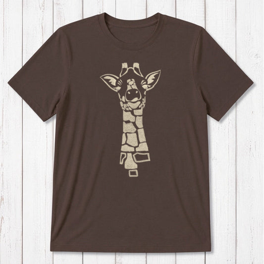 Brown men's giraffe T-shirt in bamboo & organic cotton with beige safari wildlife design, classic fit and sustainable fabric.