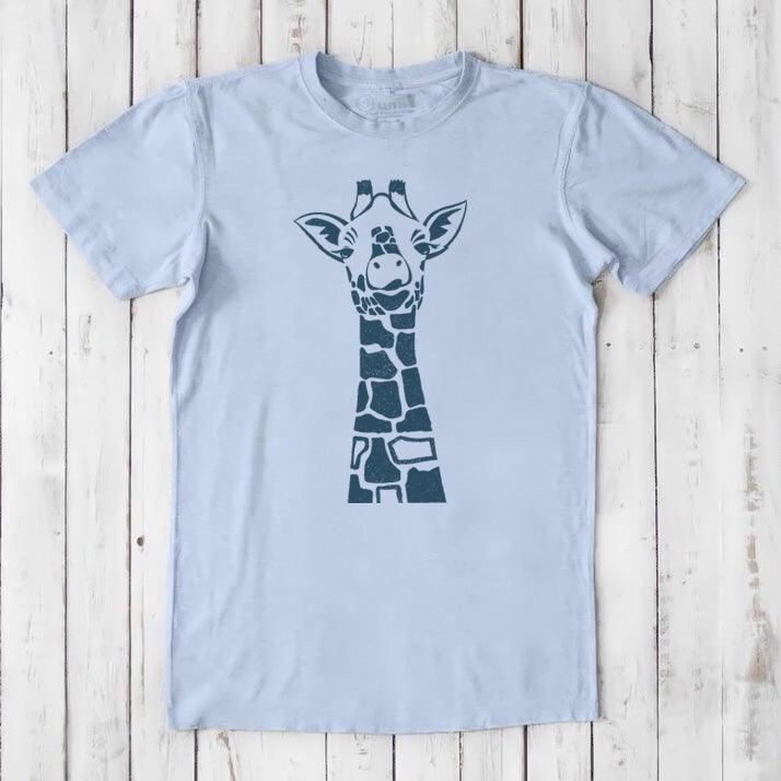 Light blue men's giraffe T-shirt in bamboo & organic cotton with navy wildlife graphic, soft eco-conscious gift for him.